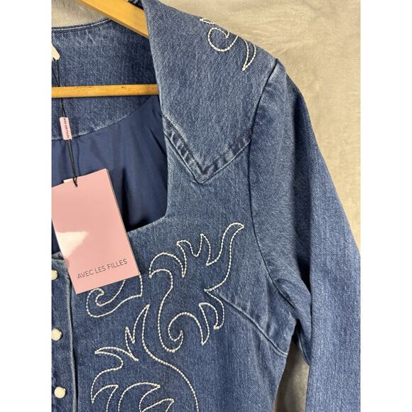 Avec Les Filles Western Embroidered Denim Minidress Size 14 Woman’s Cowgirl - Picture 9 of 11